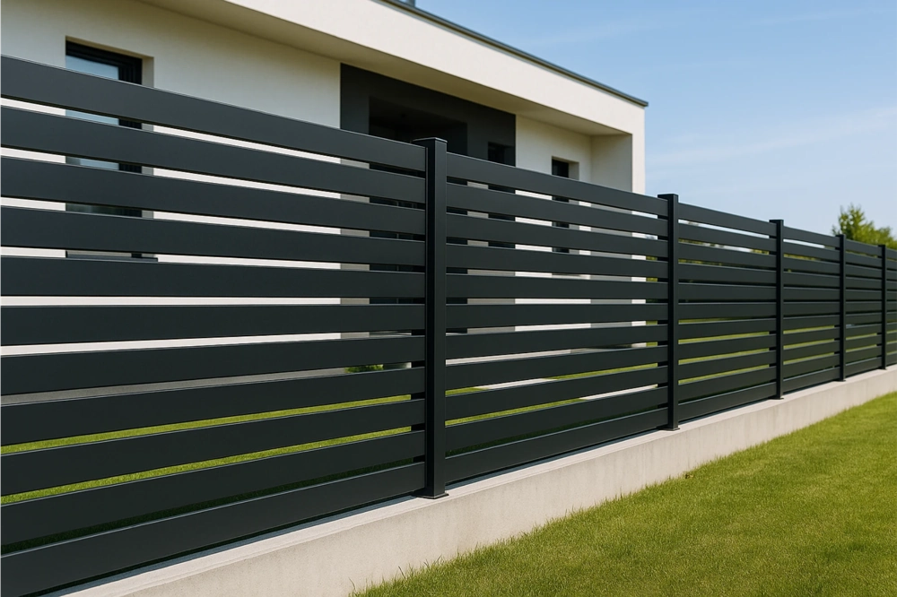 Ogrodzenia palisadowe z poziomych, antracytowych profili na betonowym fundamencie przy nowoczesnym domu