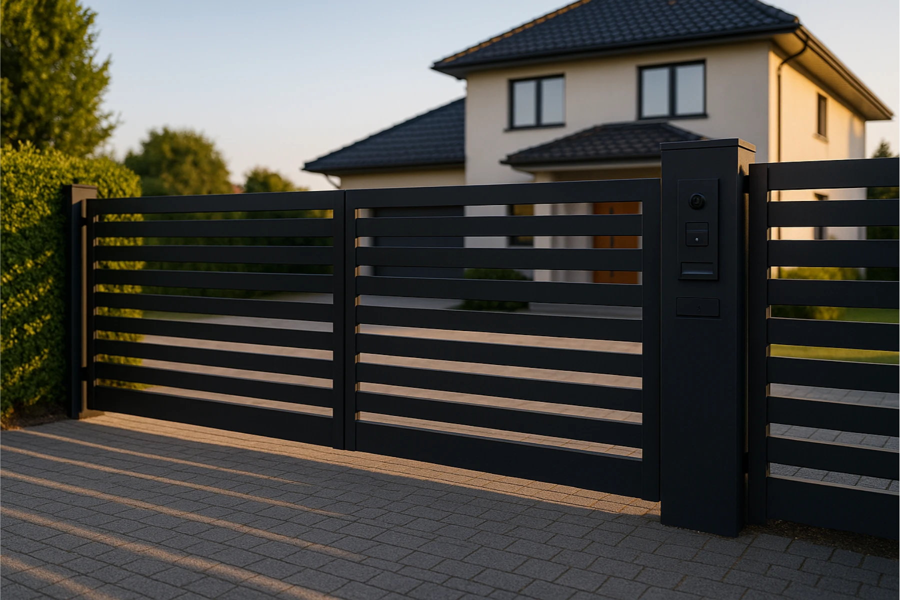 Czarna metalowa brama wjazdowa z poziomymi wąskimi lamelami przed nowoczesnym domem
