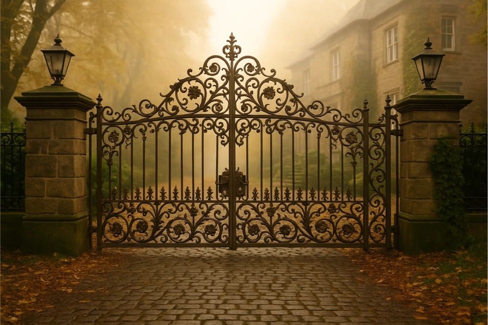 Bramy wjazdowe: dwuskrzydłowa ozdobna metalowa brama z kutymi zdobieniami osadzona w kamiennych słupach