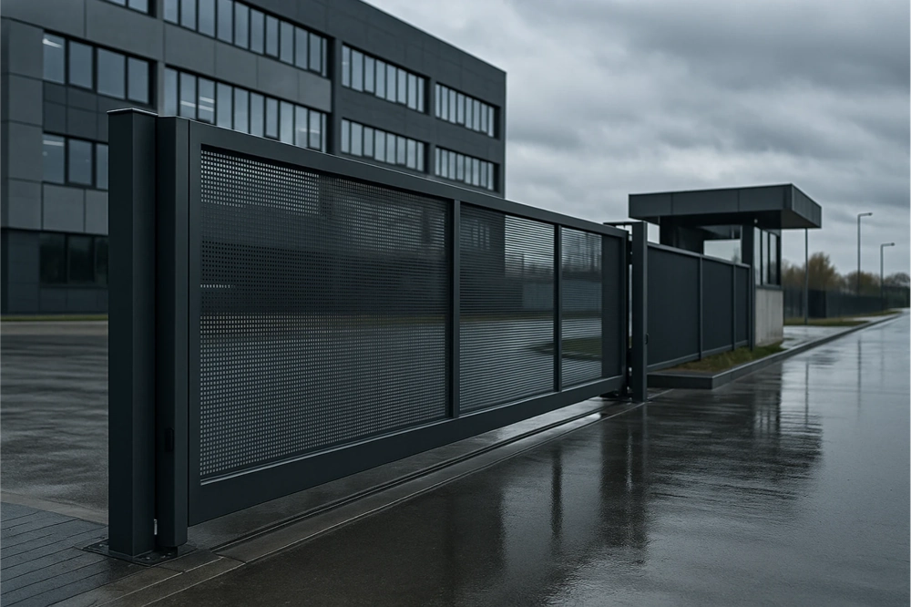 Bramy wjazdowe przesuwne z perforowanego metalu przy nowoczesnym biurowcu na mokrej nawierzchni
