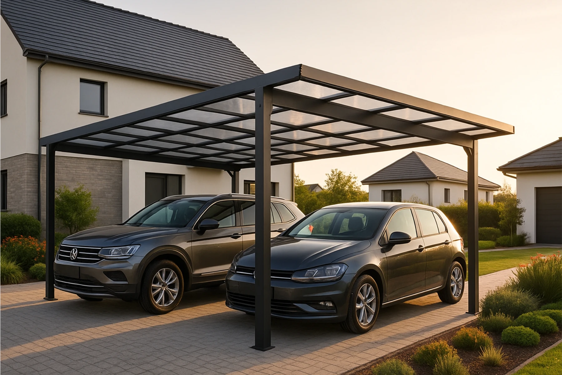 Wiaty garażowe z metalową konstrukcją i poliwęglanowym dachem, chroniące dwa samochody przed domem