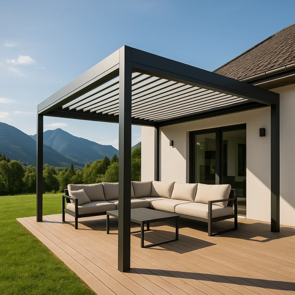 Nowoczesna pergola ogrodowa z sofą narożną i stolikiem kawowym na drewnianym tarasie przed domem