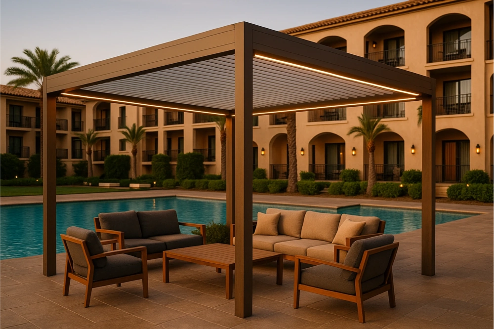 Pergole ogrodowe z regulowanym dachem lamelowym chronią komfortowy zestaw mebli wypoczynkowych obok basenu