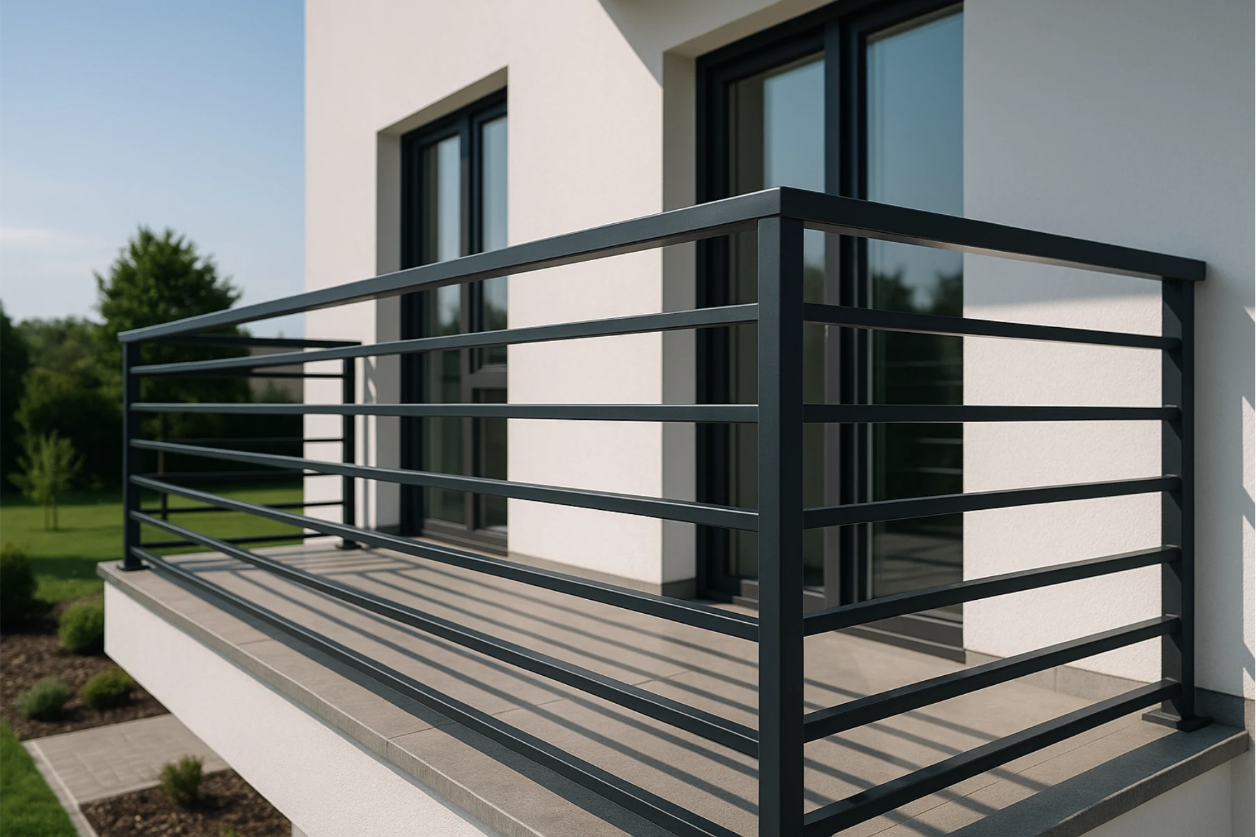 Balustrady balkonowe w nowoczesnym stylu z czarnych metalowych poziomych przęseł
